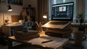 Eye-level webcam setup in a tiny apartment using a laptop stand and stacked books to avoid low camera angle and reduce neck strain during video calls