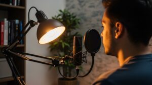 Tiny apartment video call layout showing side-front lamp placement and microphone positioned close to the speaker to reduce echo and background noise