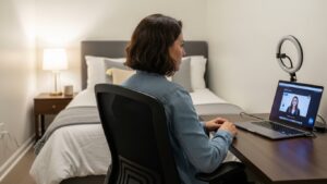 Small bedroom Zoom setup showing chair pulled forward and slightly angled to create background distance and a cleaner frame in a tiny apartment