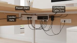 Under-desk power zone placed at the back corner with two controlled cable exits to the desktop and to the wall outlet to keep leg space clear
