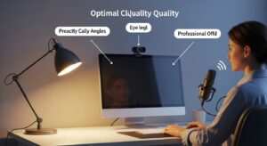 Diagram-style photo showing the three key angles for video calls: side-front lighting, eye-level camera position, and close mic placement slightly off-axis