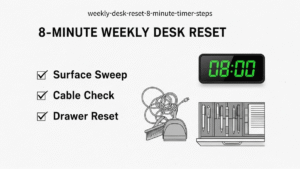 Eight minute weekly desk reset checklist showing surface sweep, cable check, and drawer reset with a simple timer