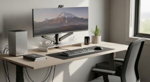 Home office desk with a clear near-field area around the keyboard and monitor, showing reduced visual clutter and fewer attention-grabbing items