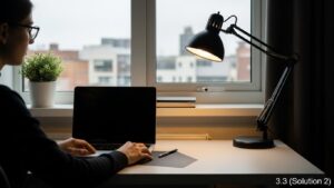 Three home office layouts showing window behind, window in front, and window to the side with a step-by-step glare fix sequence for each scenario